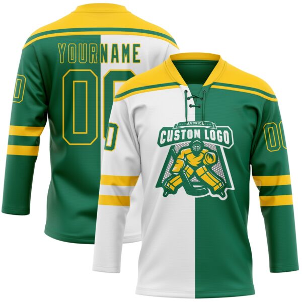 Custom Kelly Green Gold-White Split Fashion Hockey Lace Neck Jersey
