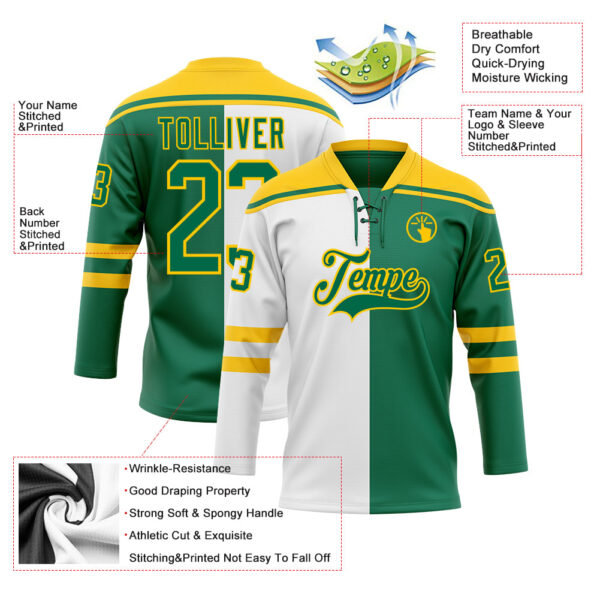 Custom Kelly Green Gold-White Split Fashion Hockey Lace Neck Jersey