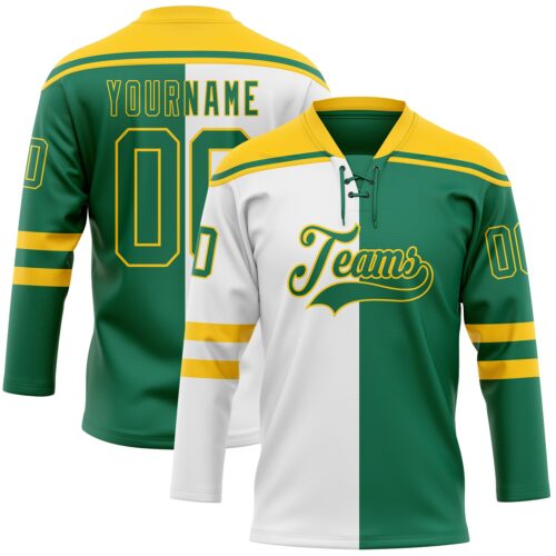 SplitF1133 Custom Kelly Green Gold-White Split Fashion Hockey Lace Neck Jersey