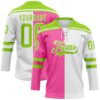Custom White Neon Green-Pink Split Fashion Hockey Lace Neck Jersey