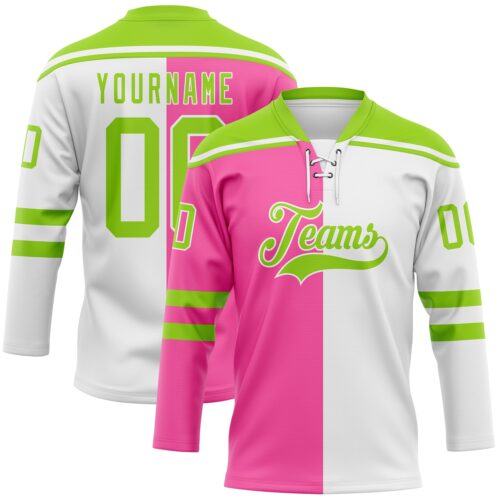 SplitF1134_2453d0c6-ac29-486f-a28b-c44b75a0c2fe Custom White Neon Green-Pink Split Fashion Hockey Lace Neck Jersey