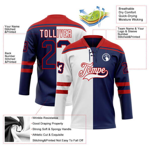 Custom Navy Red-White Split Fashion Hockey Lace Neck Jersey