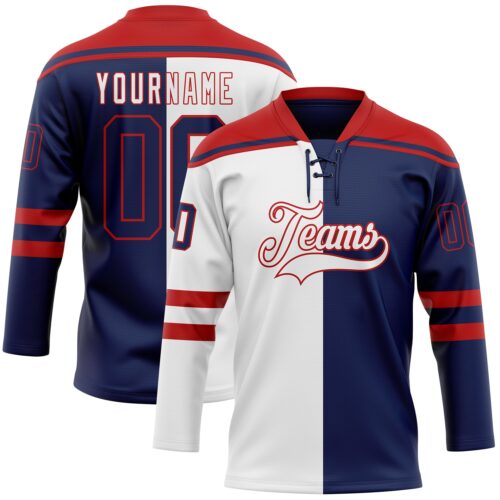 SplitF1135 Custom Navy Red-White Split Fashion Hockey Lace Neck Jersey