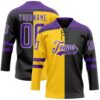 Custom Black Purple Yellow-White Split Fashion Hockey Lace Neck Jersey