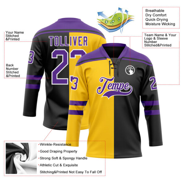Custom Black Purple Yellow-White Split Fashion Hockey Lace Neck Jersey