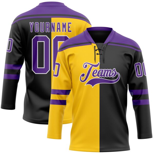 Custom Black Purple Yellow-White Split Fashion Hockey Lace Neck Jersey