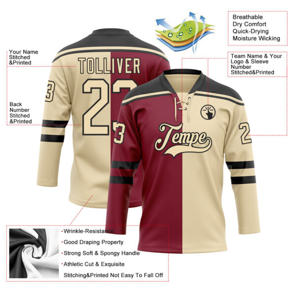 Custom Cream Crimson-Black Split Fashion Hockey Lace Neck Jersey