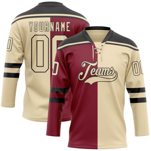 SplitF1137 Custom Cream Crimson-Black Split Fashion Hockey Lace Neck Jersey