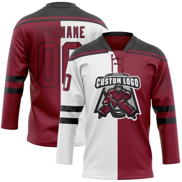 Custom Crimson Black-White Split Fashion Hockey Lace Neck Jersey