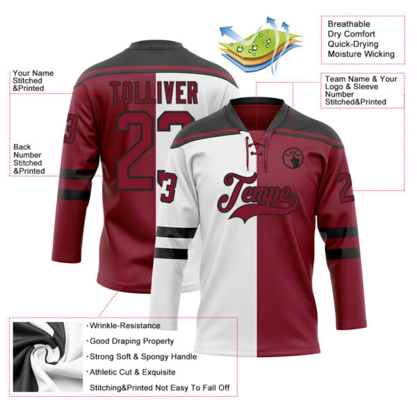 Custom Crimson Black-White Split Fashion Hockey Lace Neck Jersey