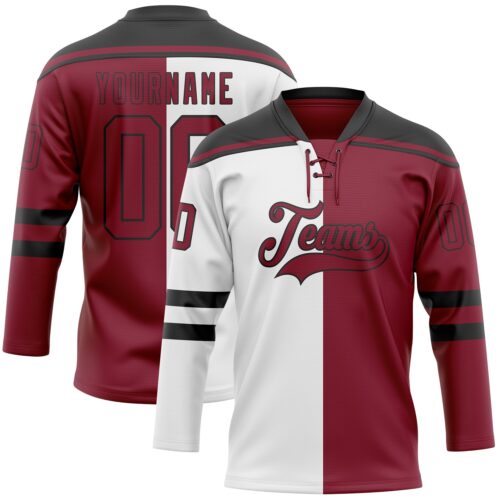 SplitF1138 Custom Crimson Black-White Split Fashion Hockey Lace Neck Jersey