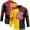 Custom Black Red Yellow-White Split Fashion Hockey Lace Neck Jersey