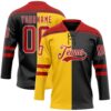 Custom Black Red Yellow-White Split Fashion Hockey Lace Neck Jersey