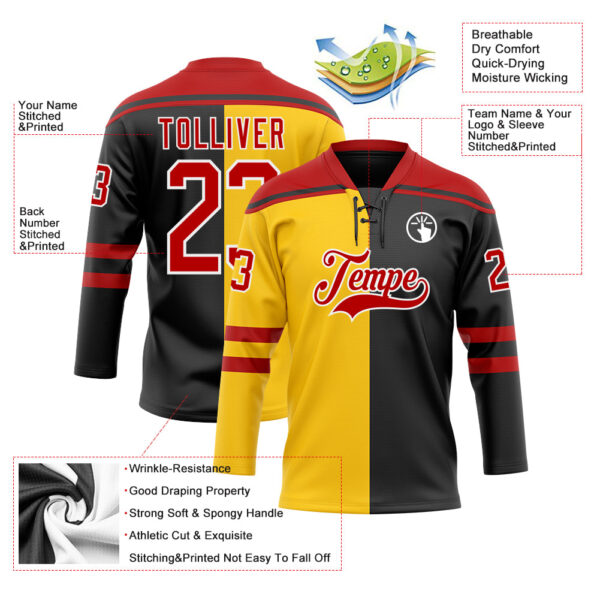 Custom Black Red Yellow-White Split Fashion Hockey Lace Neck Jersey
