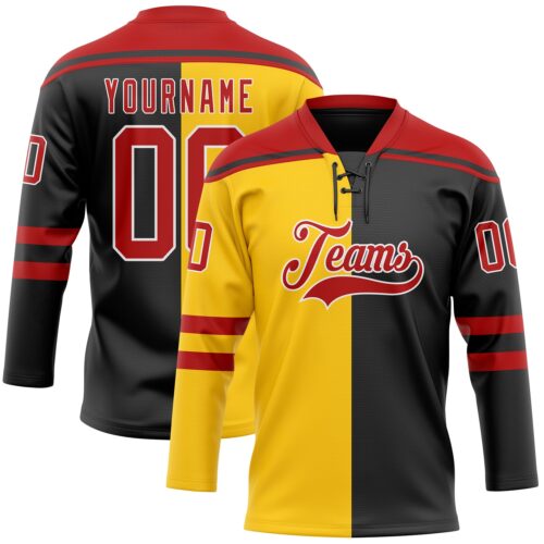 SplitF1139 Custom Black Red Yellow-White Split Fashion Hockey Lace Neck Jersey