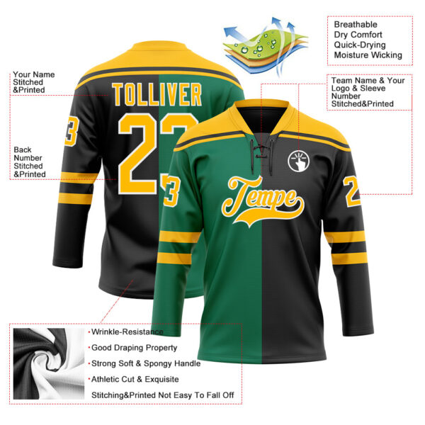 Custom Black Gold Kelly Green-White Split Fashion Hockey Lace Neck Jersey