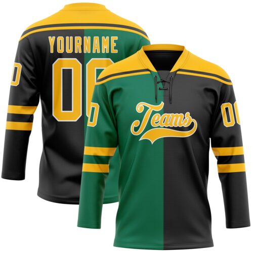 SplitF1140 Custom Black Gold Kelly Green-White Split Fashion Hockey Lace Neck Jersey