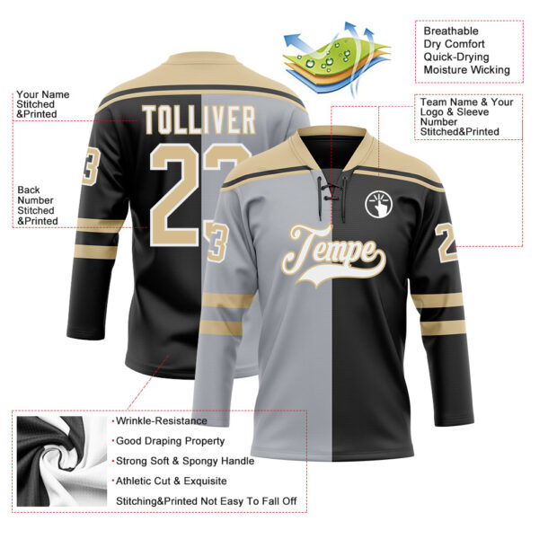 Custom Black Vegas Gold Gray-White Split Fashion Hockey Lace Neck Jersey