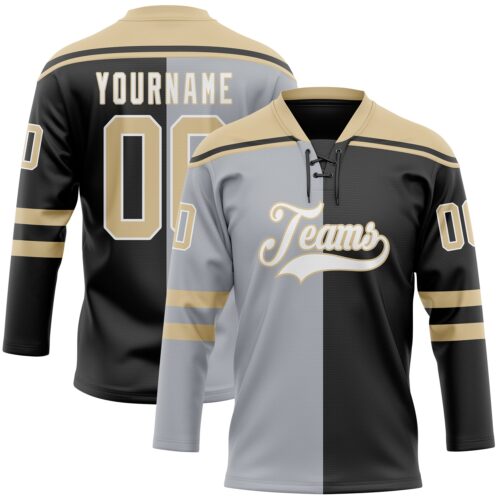 SplitF1141 Custom Black Vegas Gold Gray-White Split Fashion Hockey Lace Neck Jersey