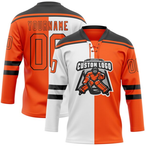 Custom Orange Black-White Split Fashion Hockey Lace Neck Jersey