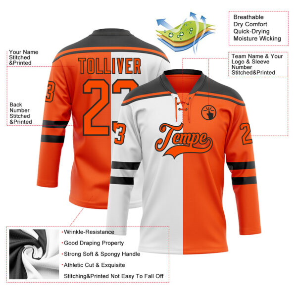Custom Orange Black-White Split Fashion Hockey Lace Neck Jersey