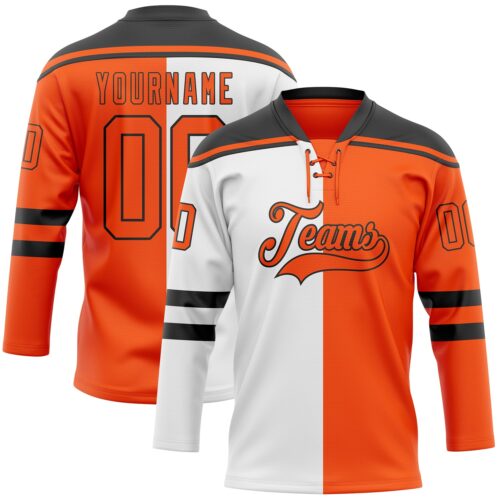 SplitF1142_a59b87cc-5860-4719-bd79-ccf373d744e5 Custom Orange Black-White Split Fashion Hockey Lace Neck Jersey