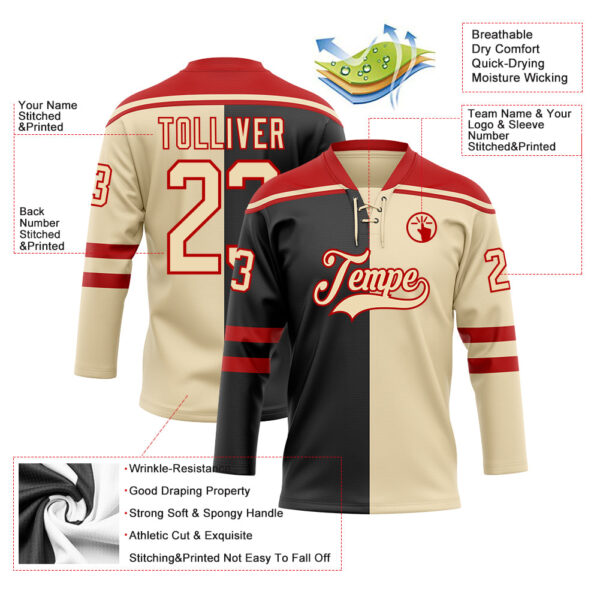 Custom Cream Black-Red Split Fashion Hockey Lace Neck Jersey