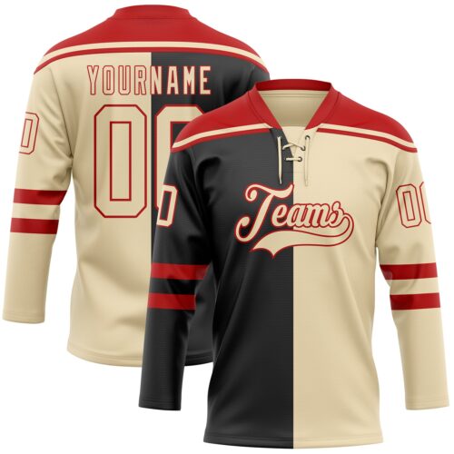 SplitF1143 Custom Cream Black-Red Split Fashion Hockey Lace Neck Jersey
