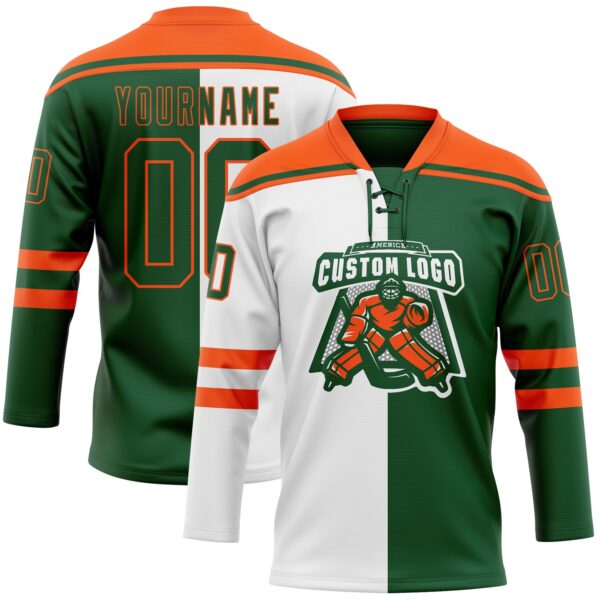 Custom Green Orange-White Split Fashion Hockey Lace Neck Jersey
