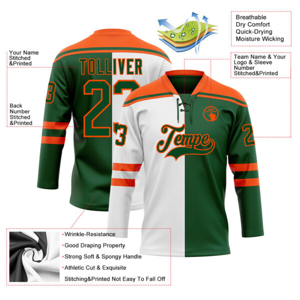 Custom Green Orange-White Split Fashion Hockey Lace Neck Jersey