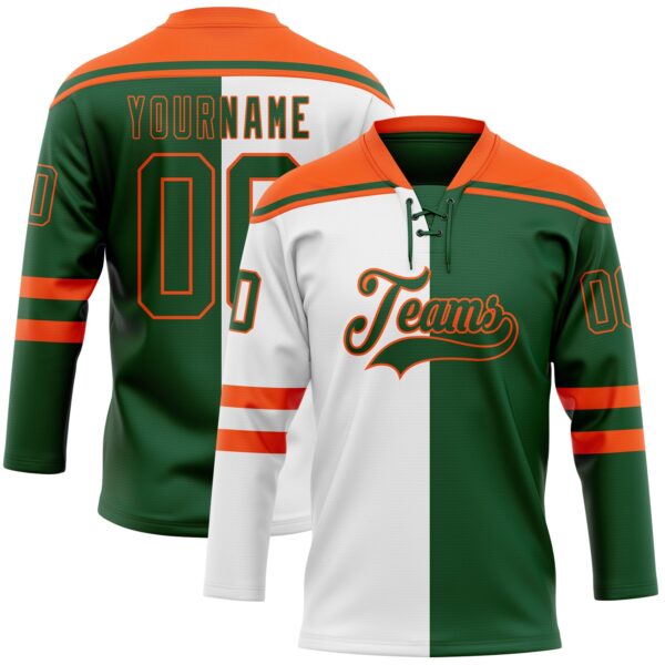 Custom Green Orange-White Split Fashion Hockey Lace Neck Jersey
