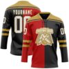 Custom Black White Red-Old Gold Split Fashion Hockey Lace Neck Jersey