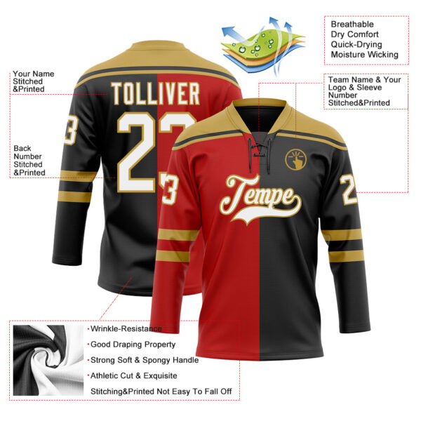 Custom Black White Red-Old Gold Split Fashion Hockey Lace Neck Jersey