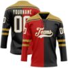 Custom Black White Red-Old Gold Split Fashion Hockey Lace Neck Jersey