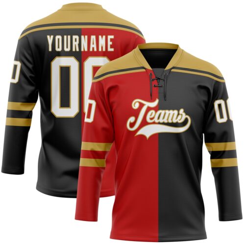 SplitF1145_b97f6169-3e63-4658-a95e-ddb3e94765d8 Custom Black White Red-Old Gold Split Fashion Hockey Lace Neck Jersey
