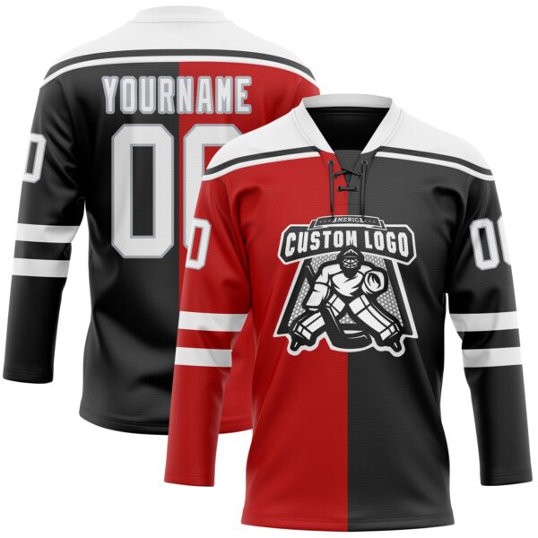 Custom Black White Red-Gray Split Fashion Hockey Lace Neck Jersey