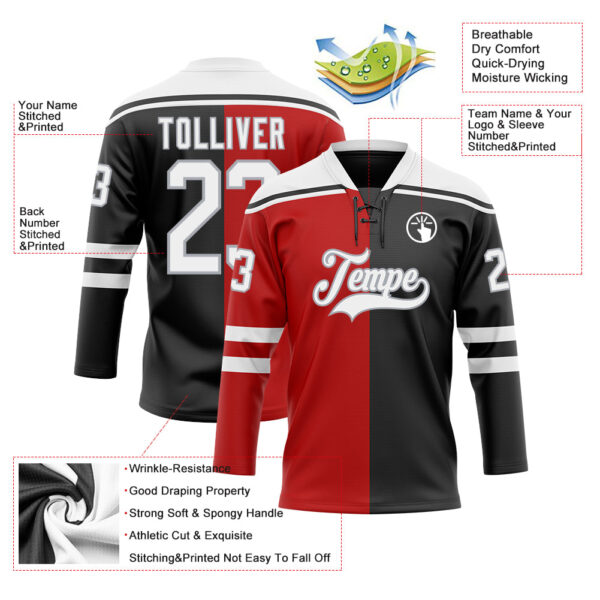Custom Black White Red-Gray Split Fashion Hockey Lace Neck Jersey