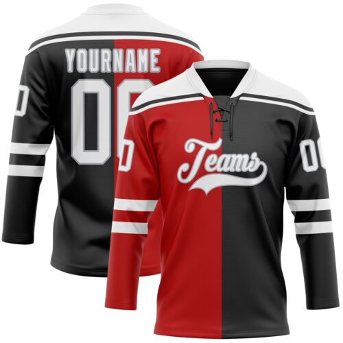 SplitF1146 Custom Black White Red-Gray Split Fashion Hockey Lace Neck Jersey