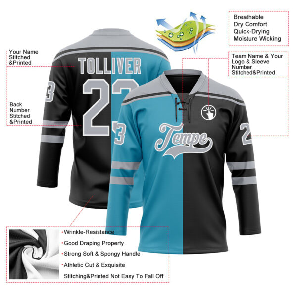 Custom Black Gray Panther Blue-White Split Fashion Hockey Lace Neck Jersey