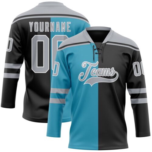 SplitF1147 Custom Black Gray Panther Blue-White Split Fashion Hockey Lace Neck Jersey
