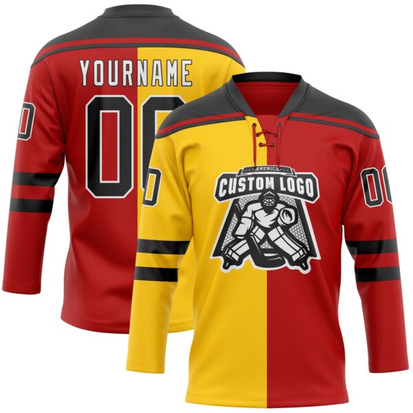Custom Red Black Yellow-White Split Fashion Hockey Lace Neck Jersey