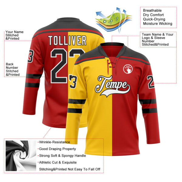 Custom Red Black Yellow-White Split Fashion Hockey Lace Neck Jersey