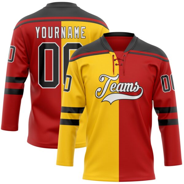 Custom Red Black Yellow-White Split Fashion Hockey Lace Neck Jersey
