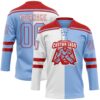 Custom Light Blue Red-White Split Fashion Hockey Lace Neck Jersey