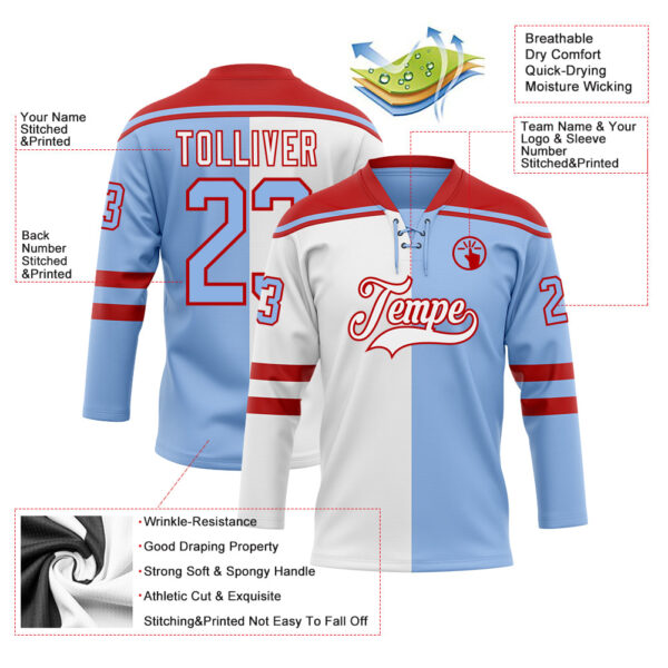 Custom Light Blue Red-White Split Fashion Hockey Lace Neck Jersey