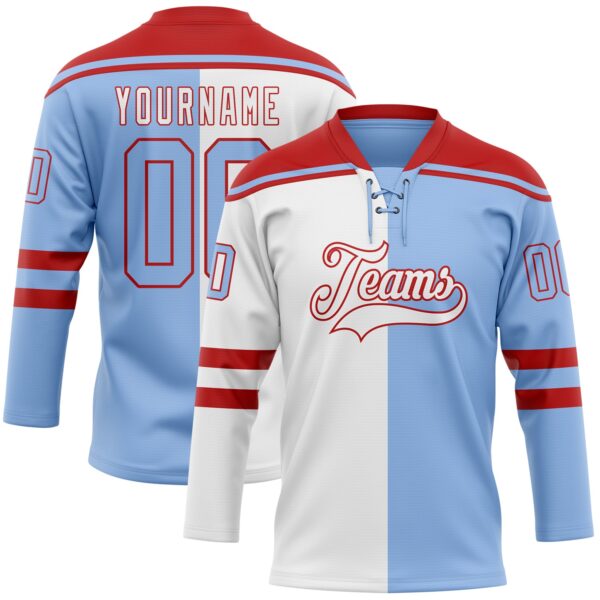 Custom Light Blue Red-White Split Fashion Hockey Lace Neck Jersey