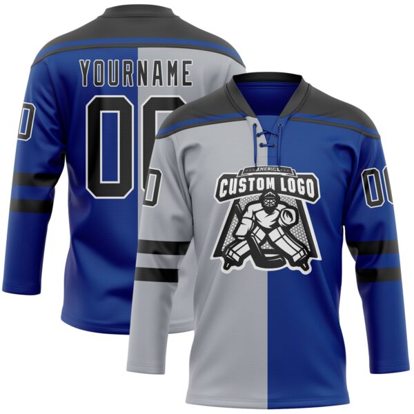 Custom Royal Black Gray-White Split Fashion Hockey Lace Neck Jersey