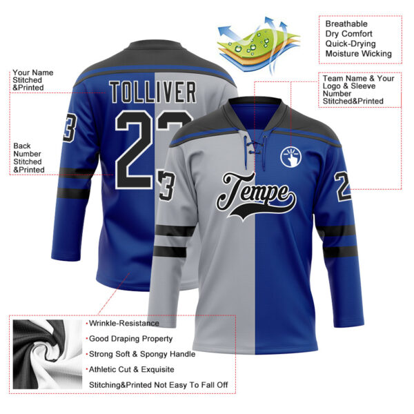Custom Royal Black Gray-White Split Fashion Hockey Lace Neck Jersey