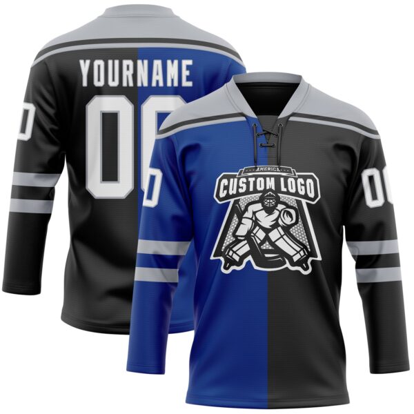 Custom Black White Royal-Gray Split Fashion Hockey Lace Neck Jersey