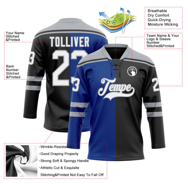 Custom Black White Royal-Gray Split Fashion Hockey Lace Neck Jersey
